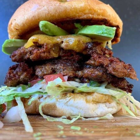 taco smash burger with lettuce, pico de gallo, and avocado