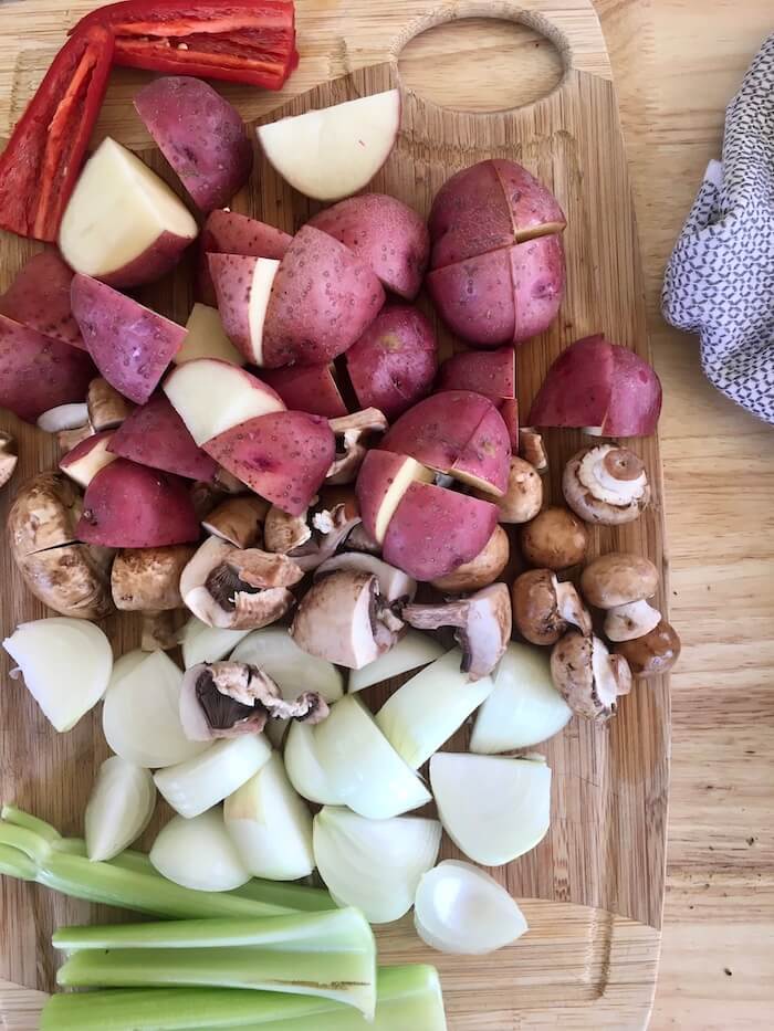 cut potatoes, onions, mushrooms, celery, and jalapeno