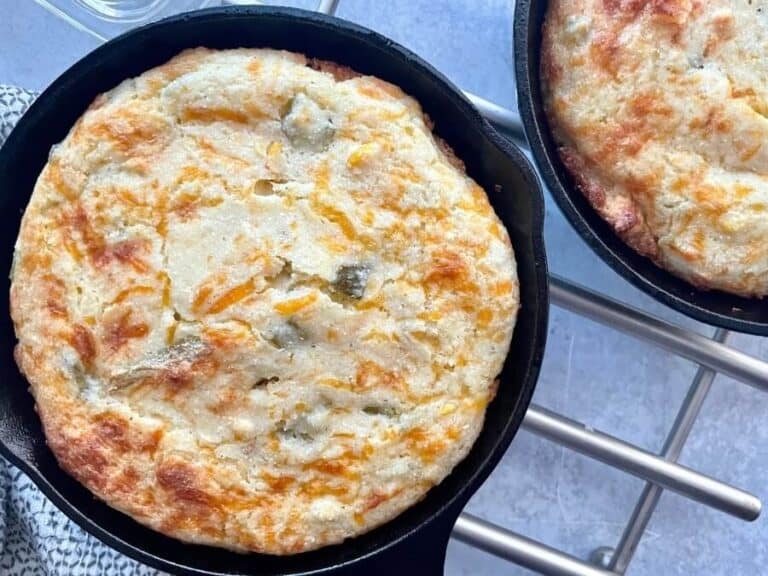 green chile cheese cornbread in a cast iron skillet