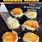 cooking hash brown casserole shaped into small cakes on a Blackstone griddle