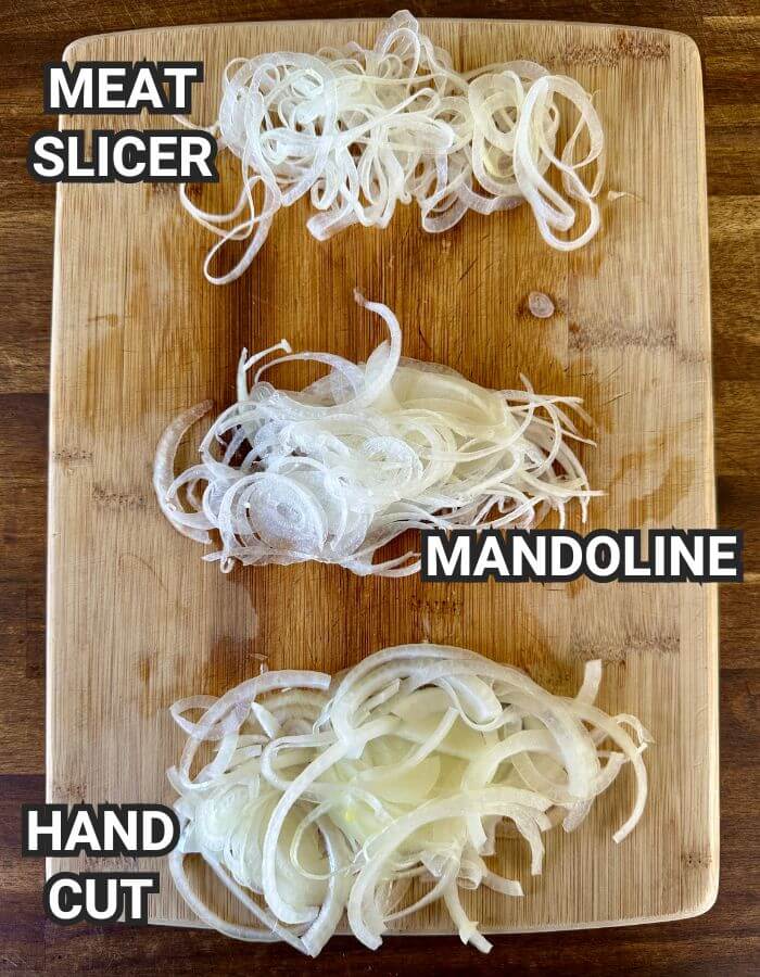 graphic showing thinly sliced onions sliced by hand, with a meat slicer, and with a mandoline