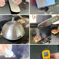 collage of griddle accessories for a flat top grill including spatula, griddle scraper, and squirt bottle