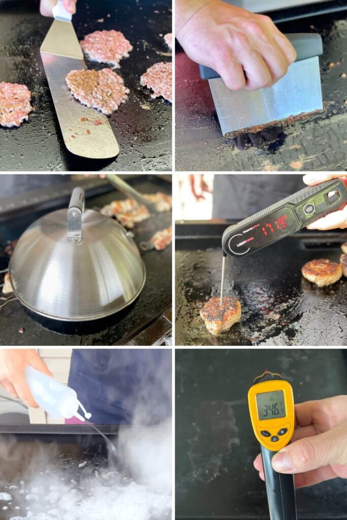 collage of griddle accessories for a flat top grill including spatula, griddle scraper, and squirt bottle