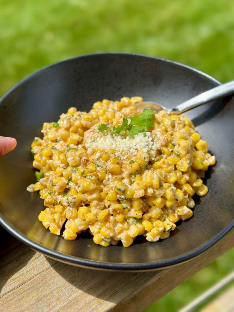 Mexican street corn in a serving bowl