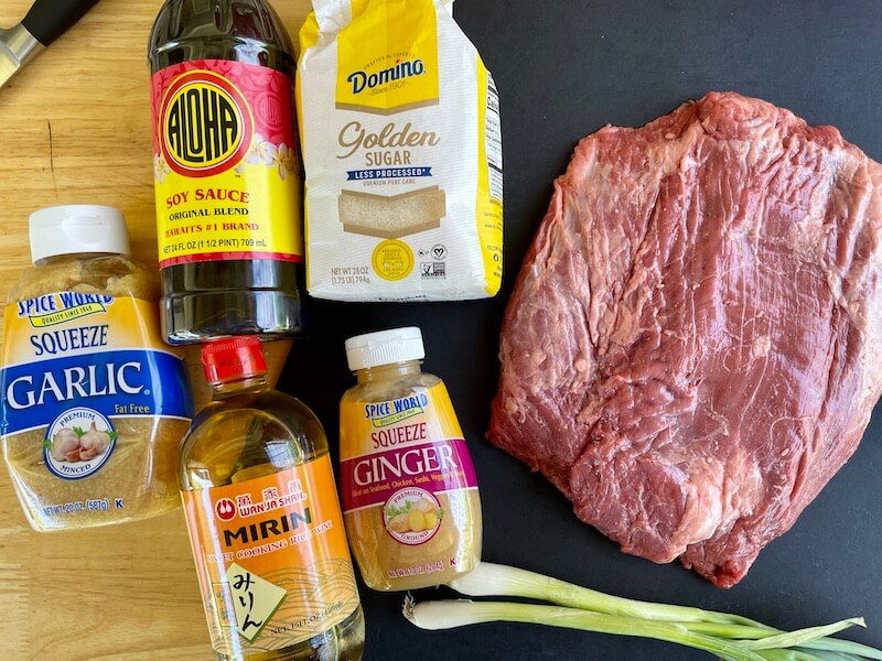 flank steak, ginger, shoyu, garlic, sugar, and mirin