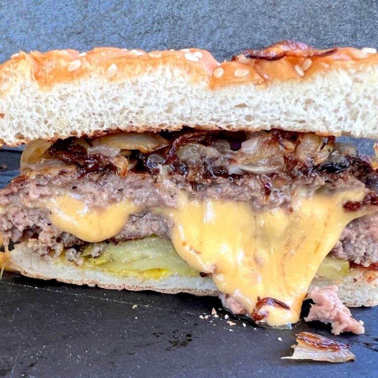 Juicy Lucy burger cut in half