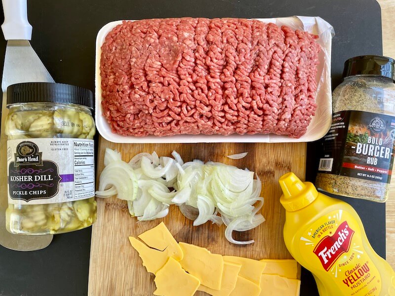 ground beef, American cheese, burger seasoning, onions, mustard, and pickles