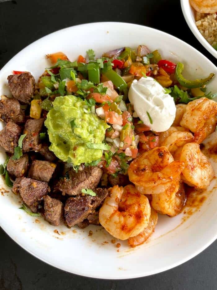 low carb burrito bowl with steak and shrimp