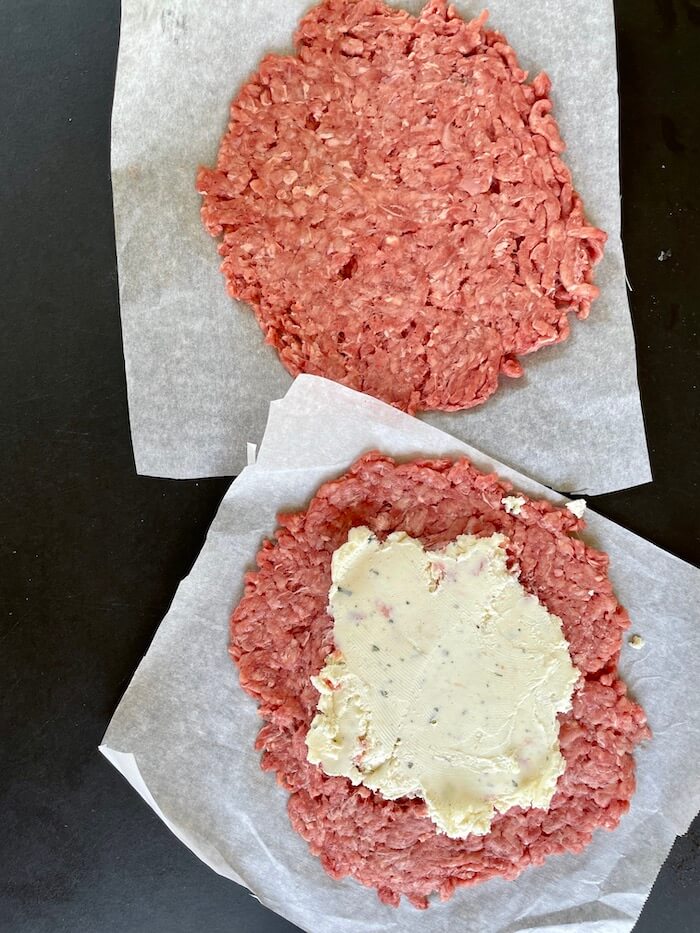 Boursin cheese on a thin burger patty