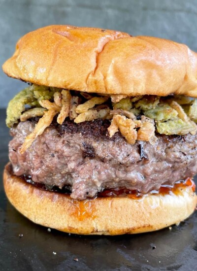 Boursin burger with fried onions and hot pepper jelly