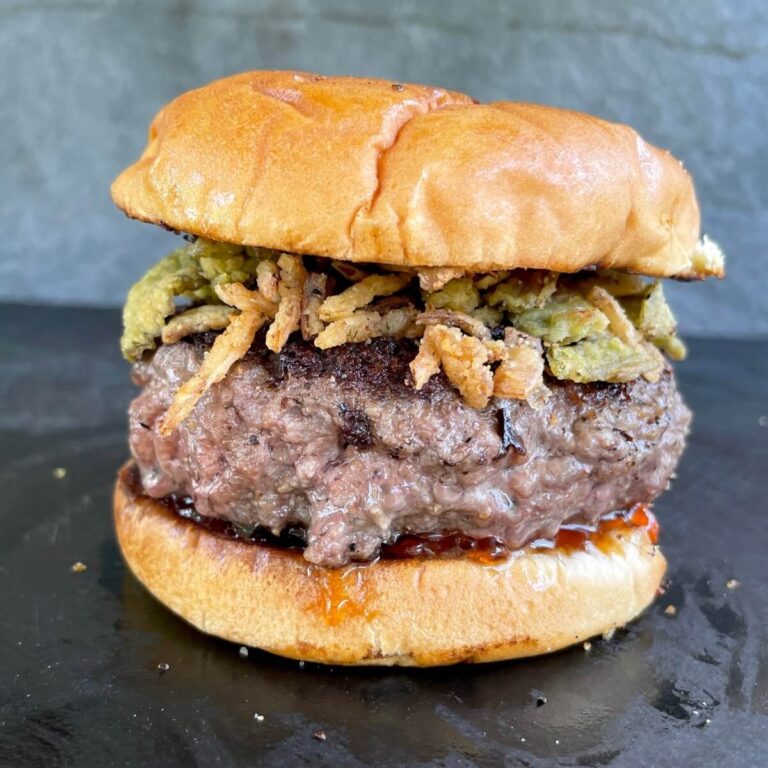 Boursin burger with fried onions and hot pepper jelly