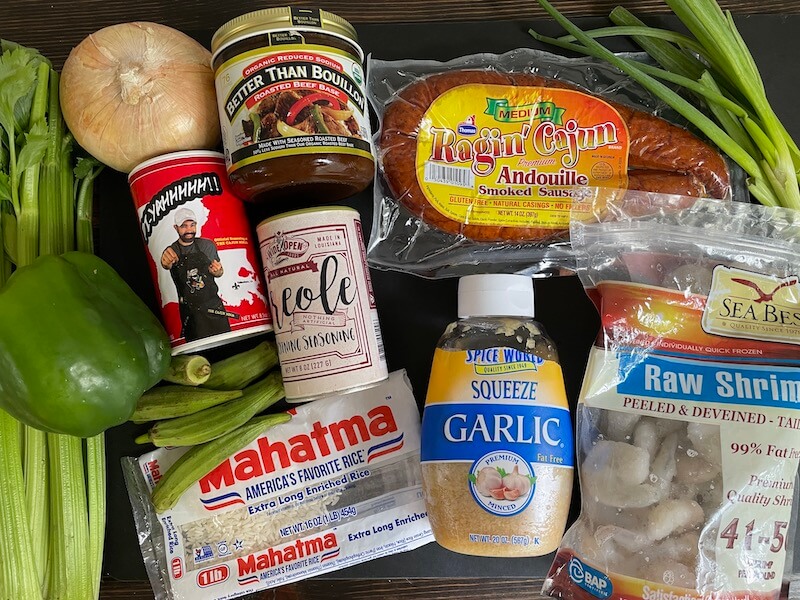 ingredients for Cajun shrimp and sausage fried rice