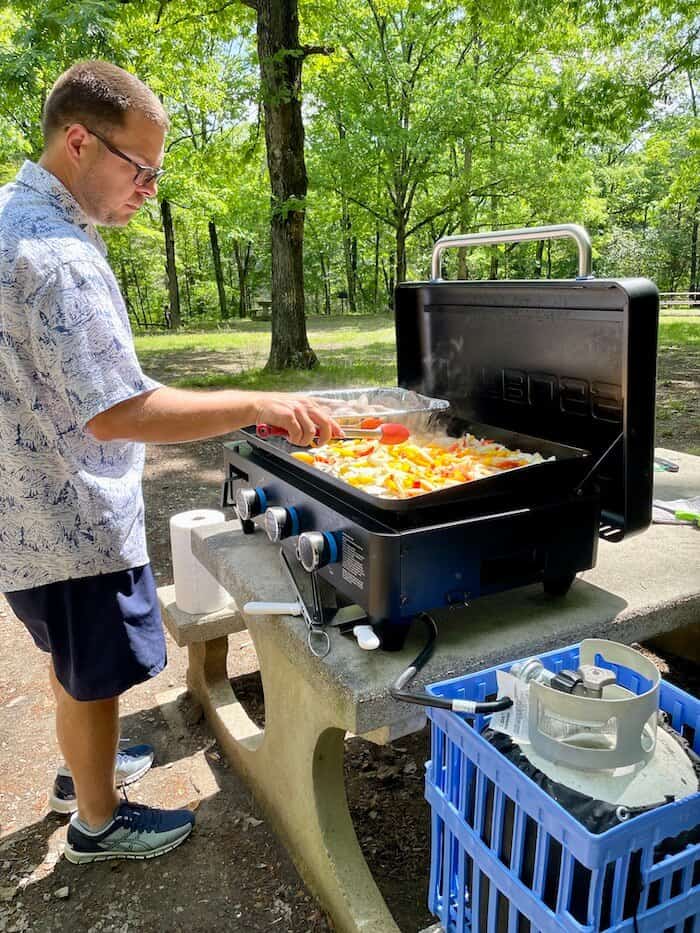 using a Pit Boss griddle at a campsite