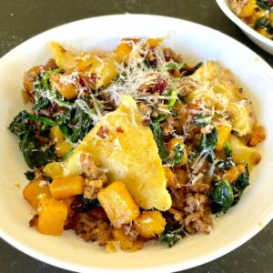 sausage ravioli with butternut squash and vegetables