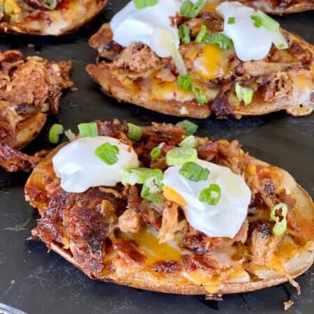 smashed potato skins with barbecue pulled pork