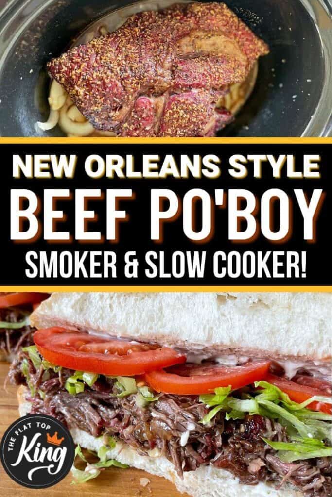 collage of smoked beef chuck roast in slow cooker and roast beef po' boy