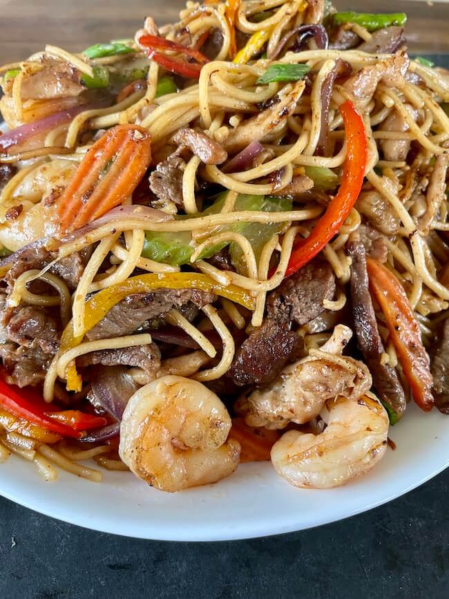 lo mein with shrimp, beef, chicken, and vegetables