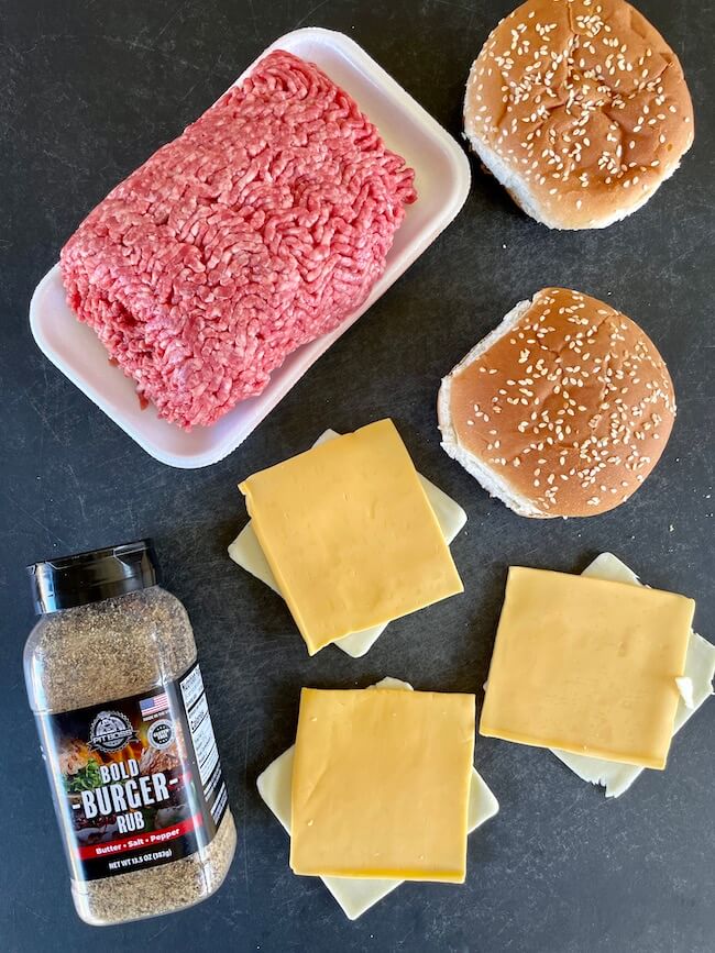 ground beef, American cheese, hamburger buns, and burger seasoning