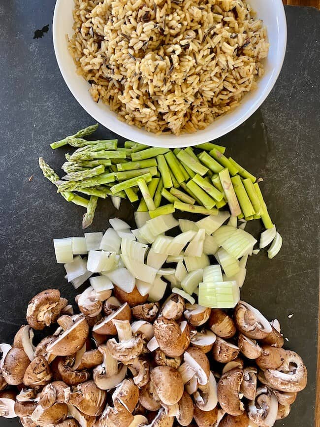 cooked rice pilaf, and cut vegetables
