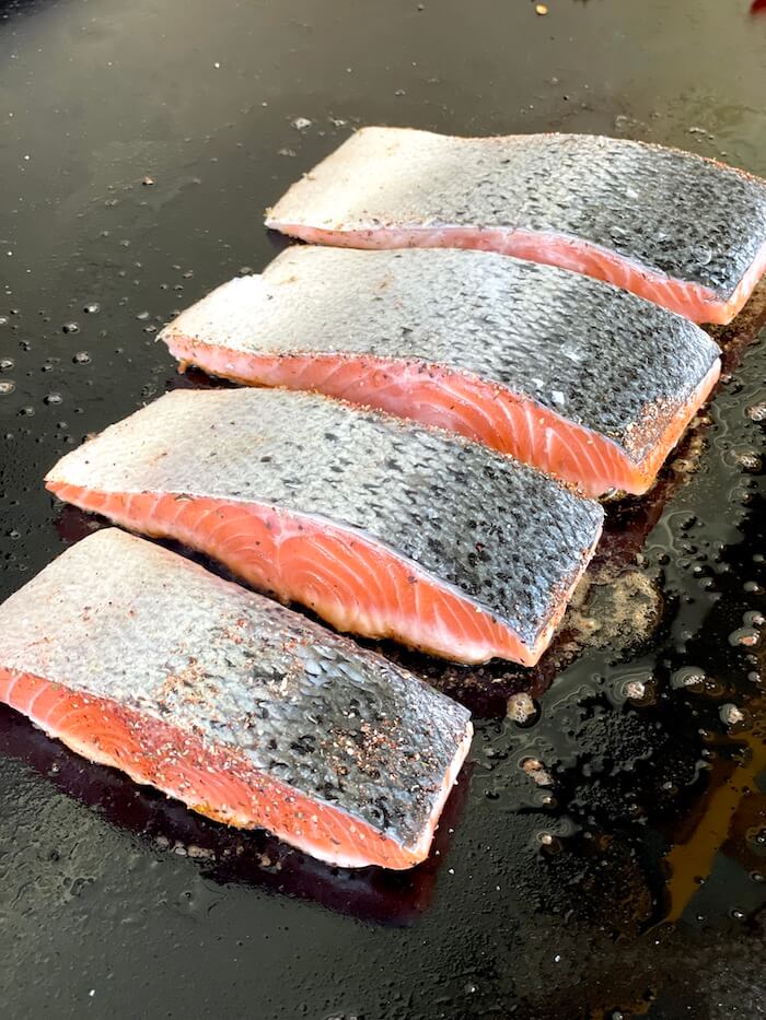 cooking salmon on the blackstone griddle