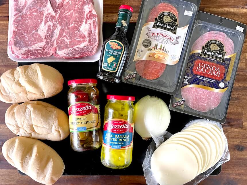 ingredients for Italian style cheese steak sandwiches