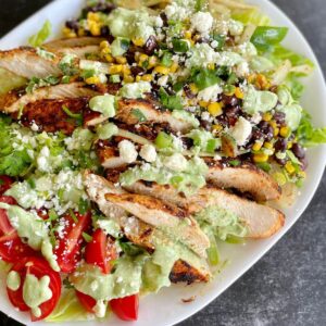 southwest chicken bowl with avocado ranch dressing