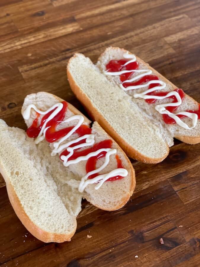 toasted hoagie rolls with ketchup and mayonnaise