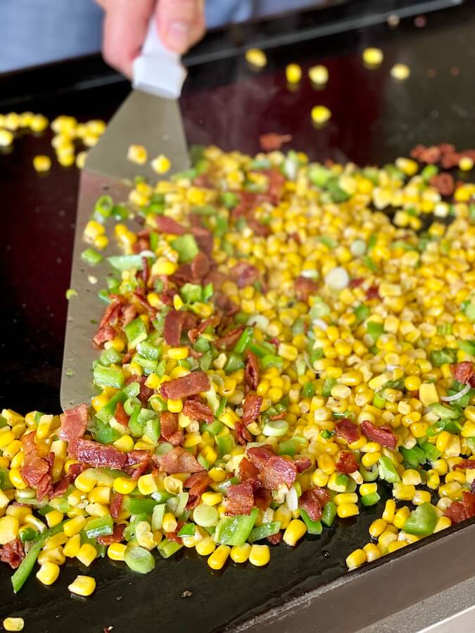 corn and bacon on the griddle