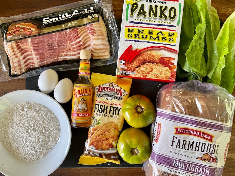 ingredients for a fried green tomato BLT sandwich
