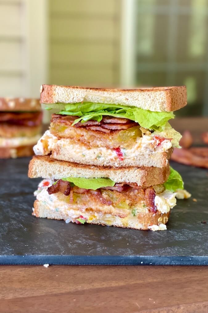 fried green tomatoes BLT sandwich with pimento cheese
