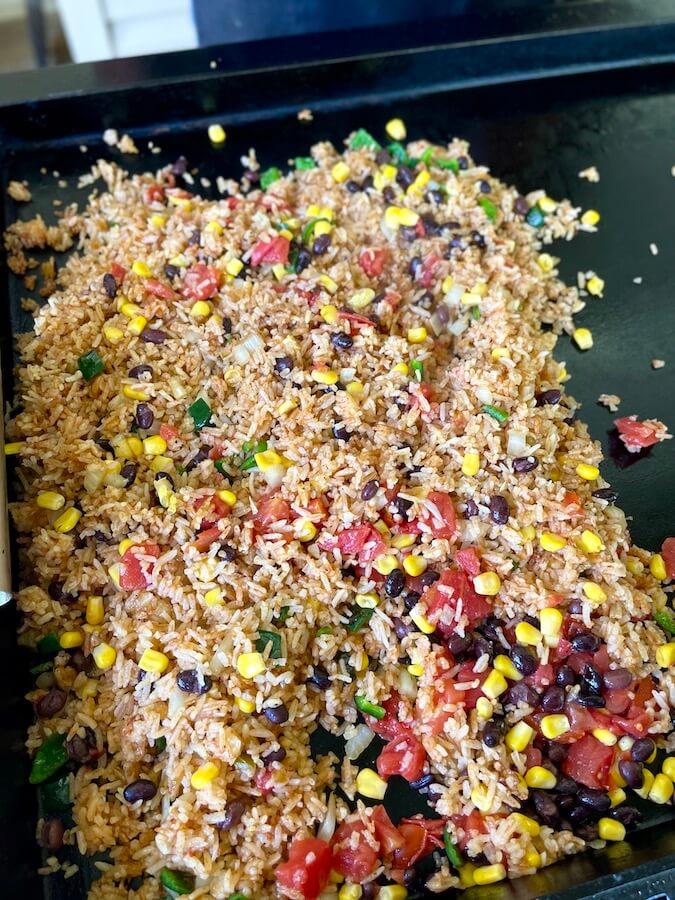 Mexican fried rice on a griddle