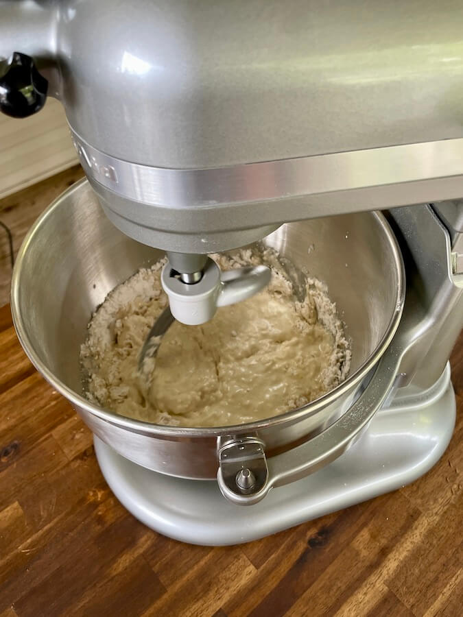 making dough for english muffins in a stand mixer