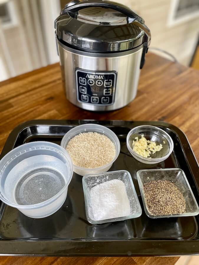 white rice, garlic, salt, pepper, and a rice cooker on a counter