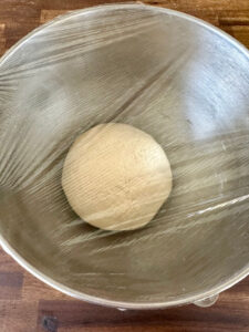 ball of naan dough in a metal bowl with plastic wrap