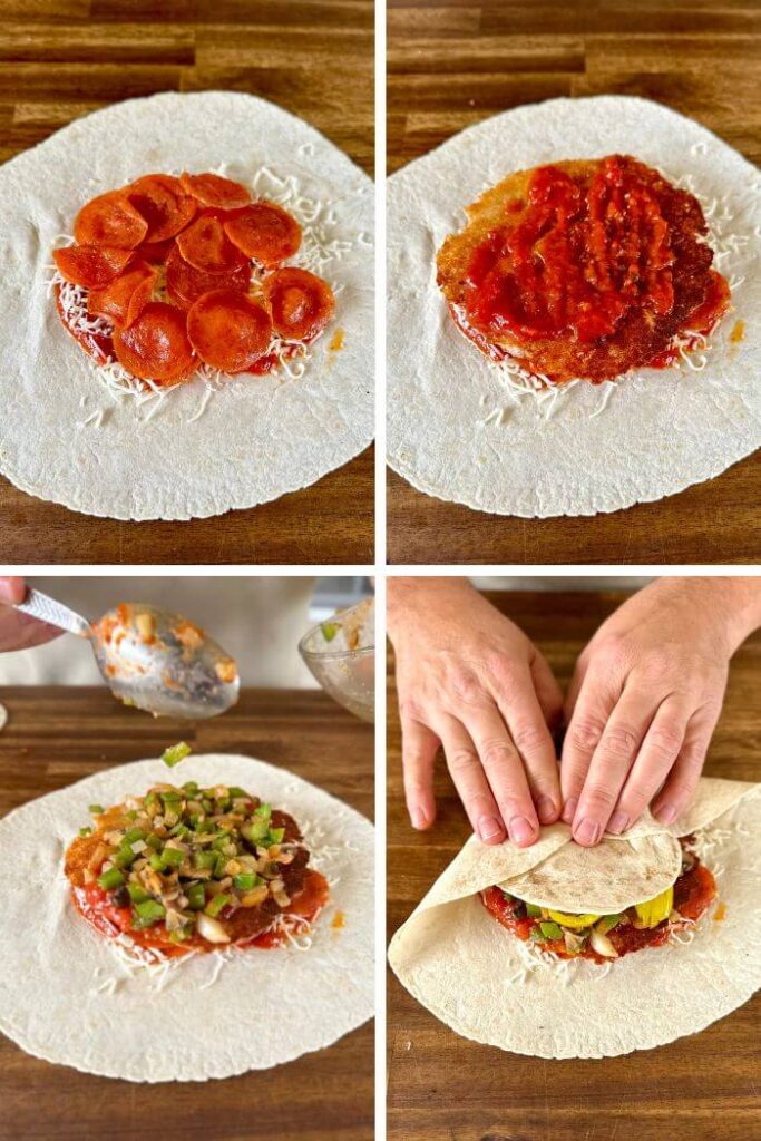 collage of photos showing how to assemble a pizza crunch wrap tortilla