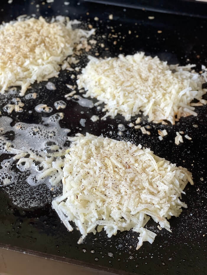 cooking frozen hash browns on the griddle