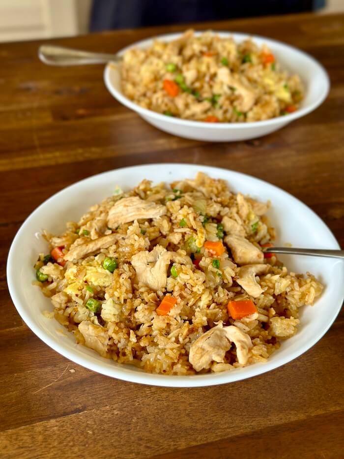 chicken fried rice in a serving bowl
