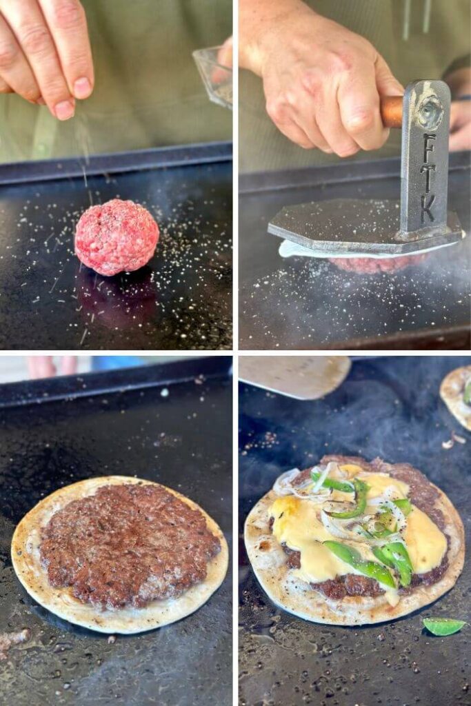 collage showing steps to make cheesesteak tacos on the griddle