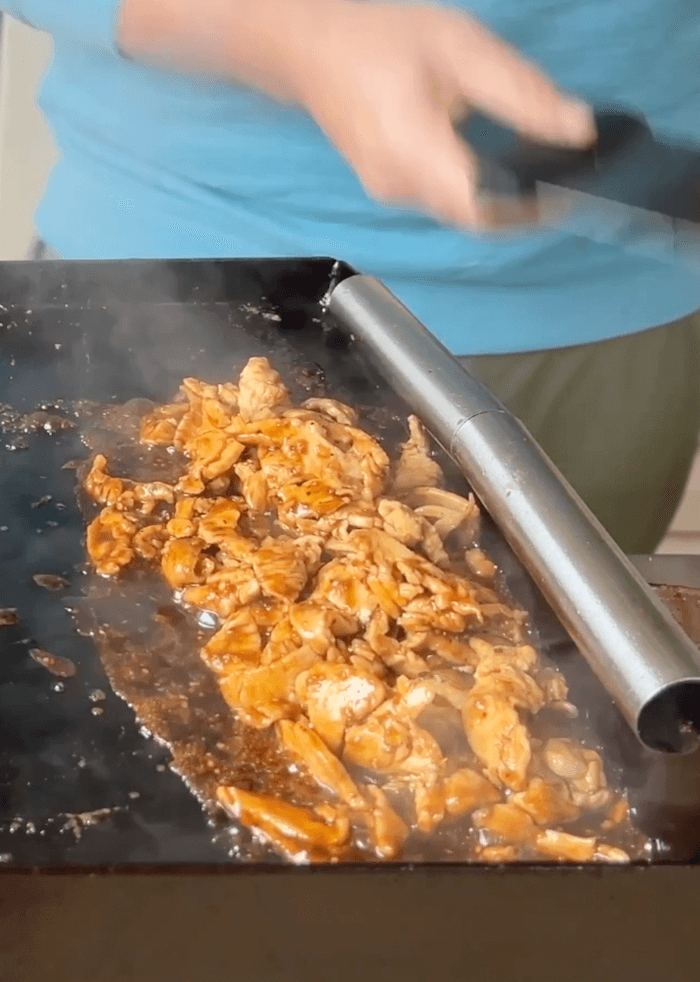 cooking teriyaki chicken on the Blackstone griddle