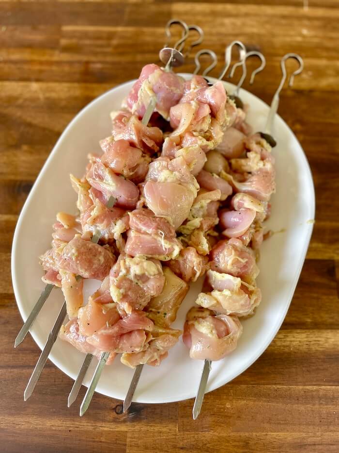 boneless skinless chicken thighs cut into chunks and skewered