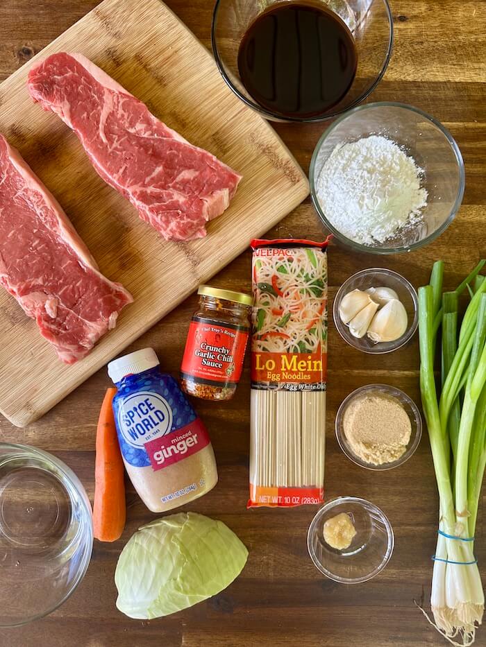 ingredients for Asian beef and noodles