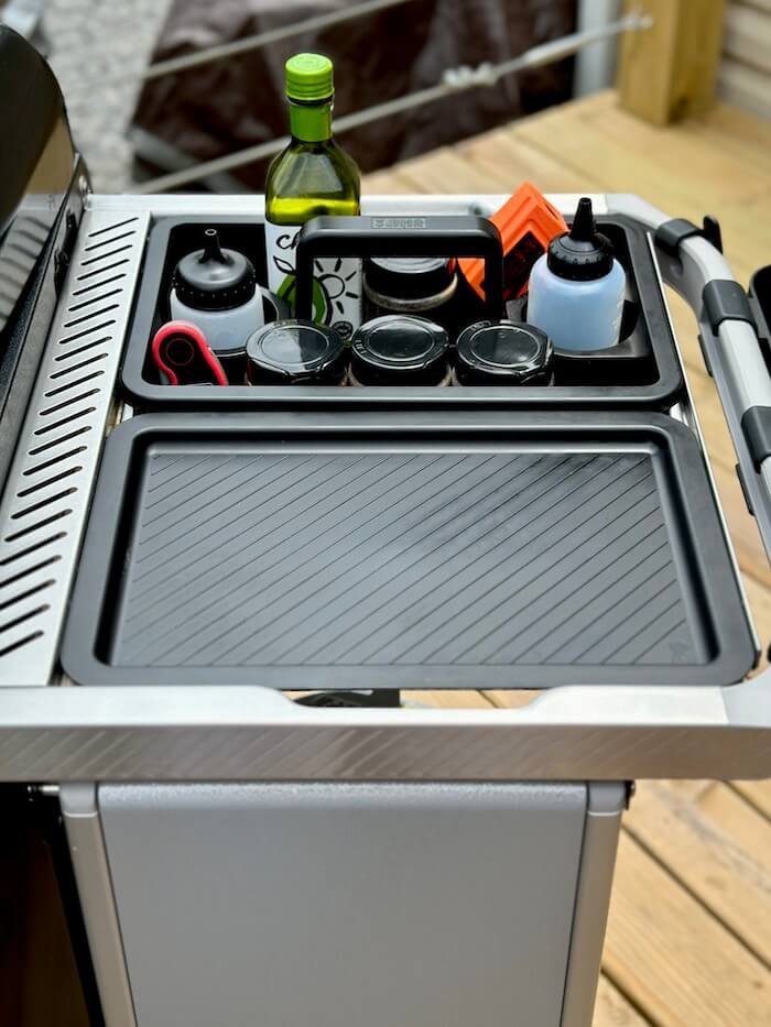 Weber Works grill caddy accessory on a Weber slate griddle