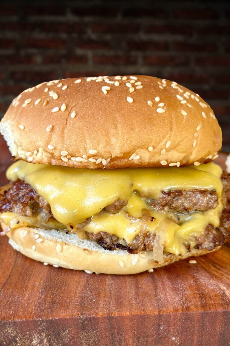 butter burger on a wood cutting board