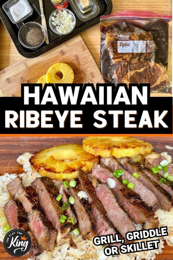 Hawaiian ribeye steak collage showing sliced steak and ingredients