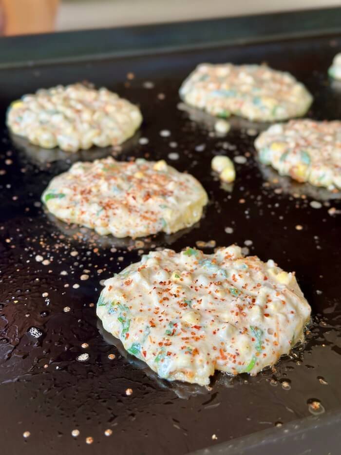 making Mexican corn fritters on a Blackstone griddle