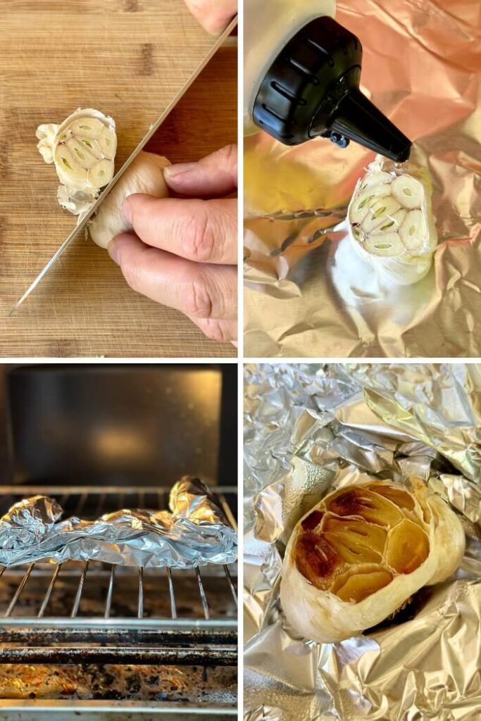 collage showing steps to make roasted garlic