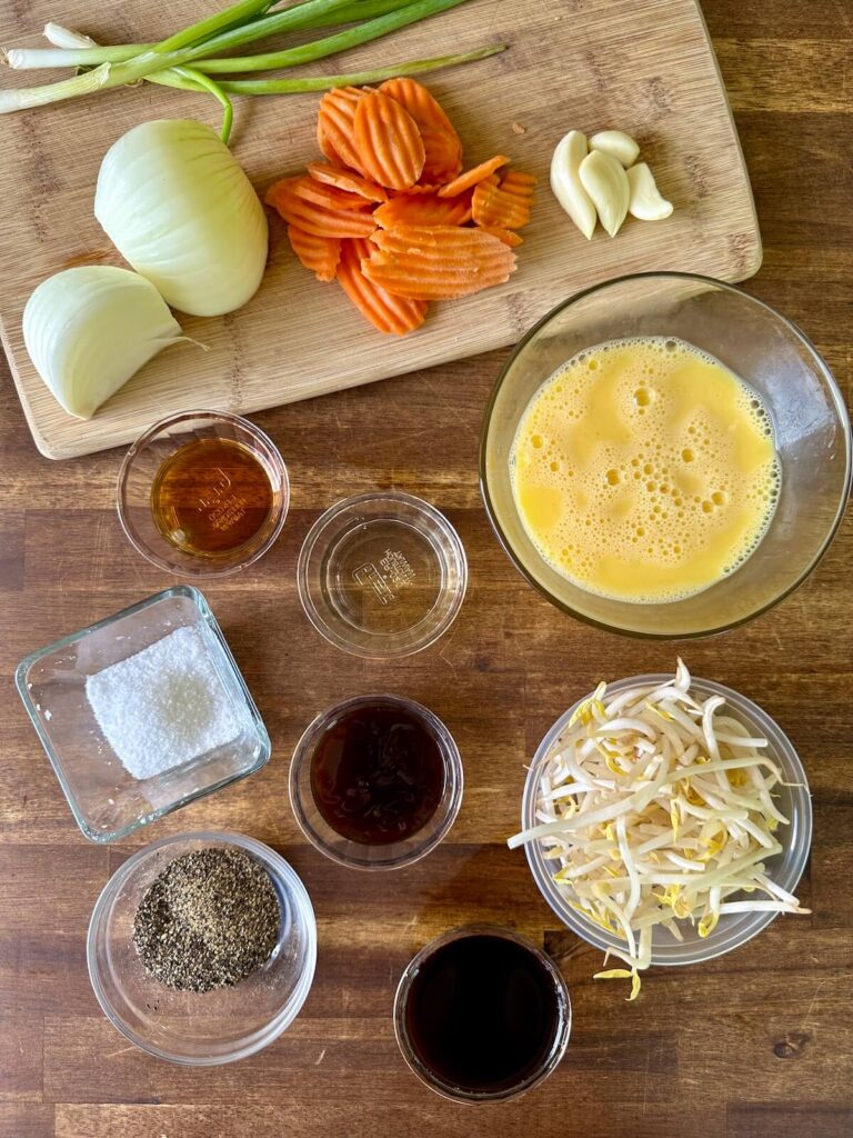 ingredients for fried rice prepped in small bowls