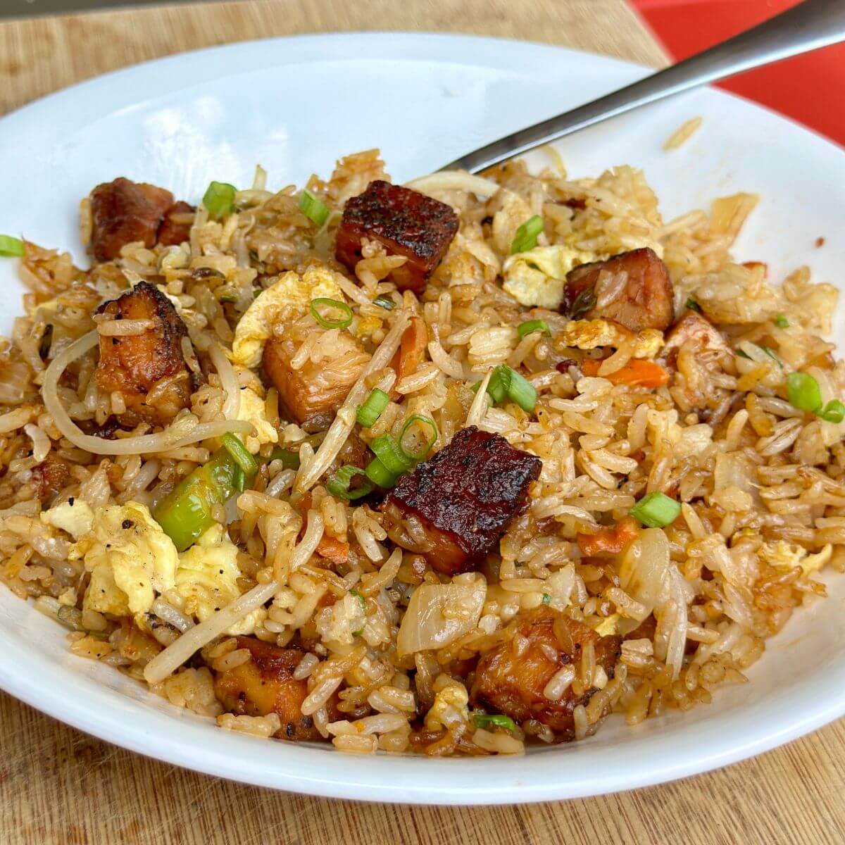 pork belly fried rice in a bowl