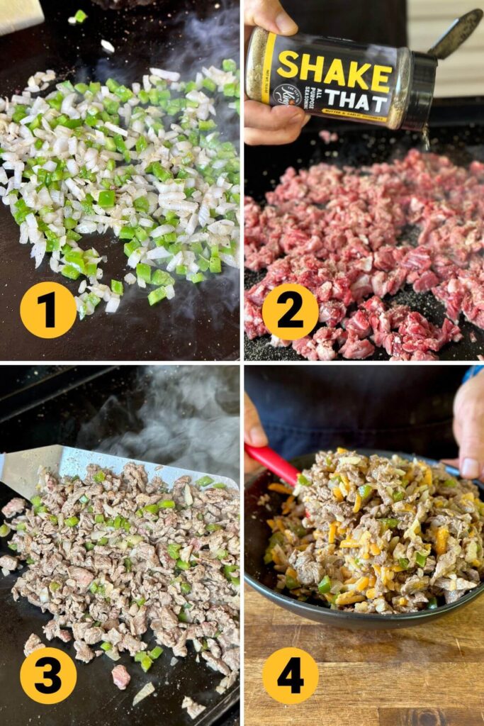 collage showing steps to make cheesesteak mixture