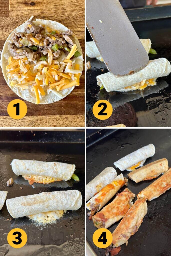 collage with steps for how to cook cheesesteak taquitos on a griddle